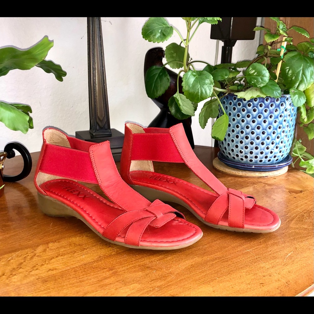 Women’s Red Leather T-Strap Wedge Sandals